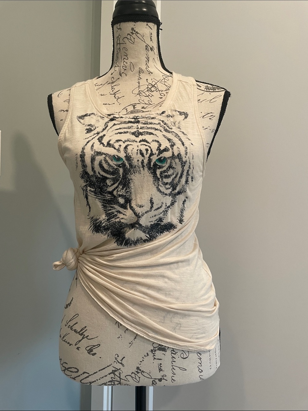 Lucky Brand Cream Tank with Black Tiger Face and Teal Eyes